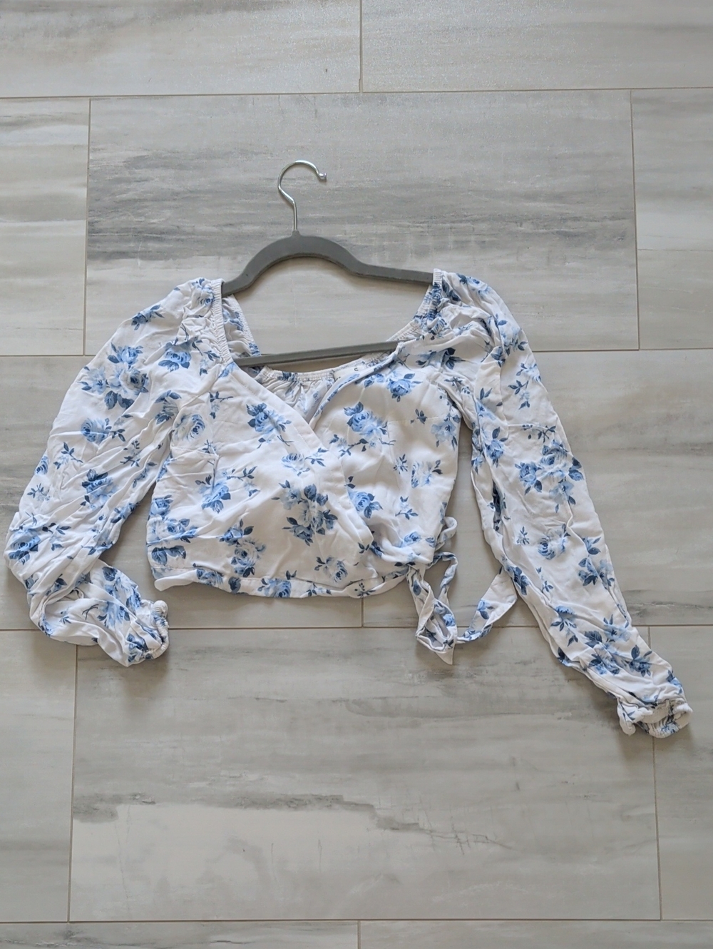 Hollister White Cropped Wrap Blouse with Blue Floral Print
